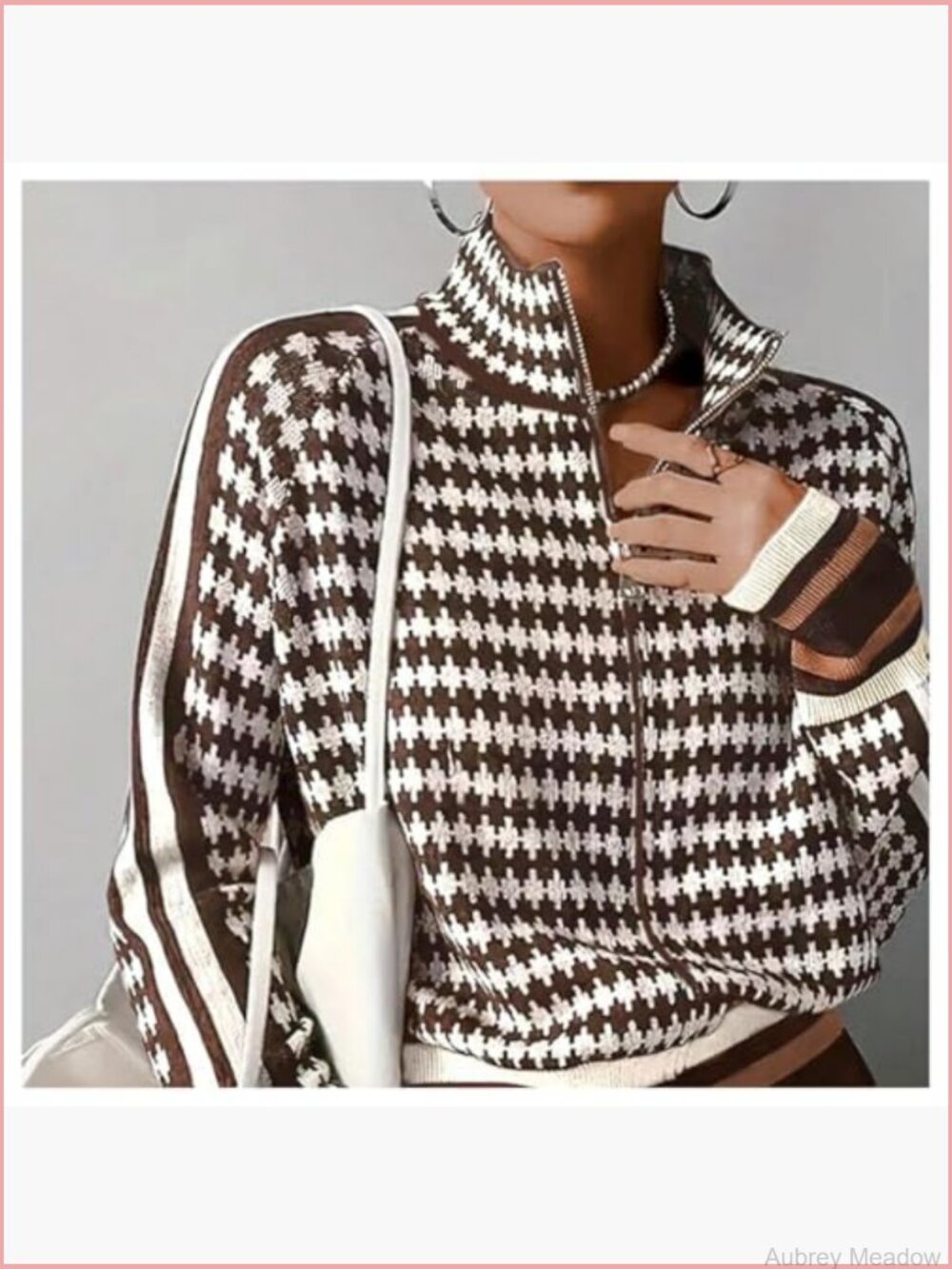 Zip Up Houndstooth Pattern Knit Cardigan Long Sleeve Casual - Picture 3 of 3